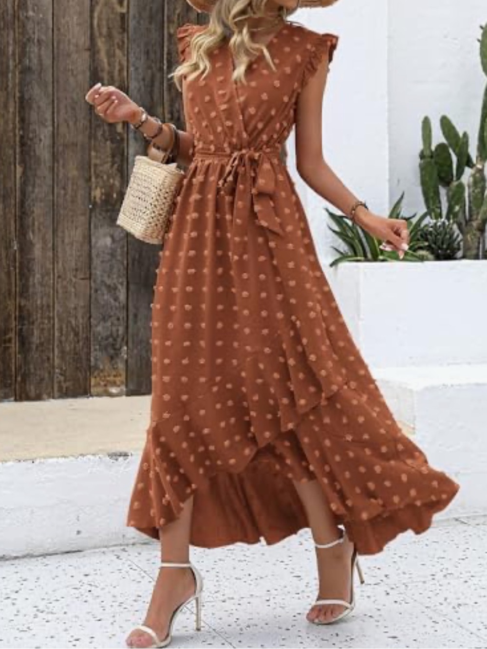 BTFBM Swiss Dot Wrap Midi Dress Rust Boho Ruffle Long Sleeve Size Small